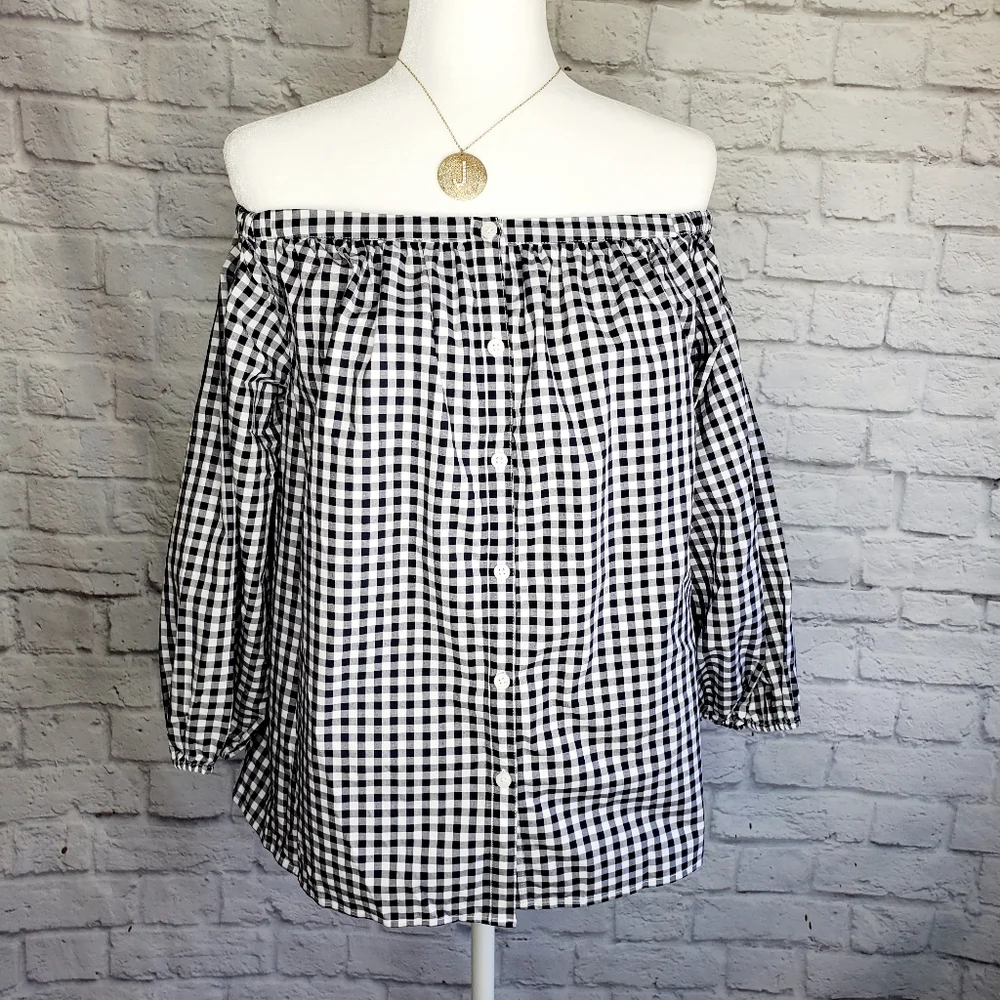 Black White Checkered Peasant Top 3/4 Sleeves | Gingham | Medium - Picture 6 of 13